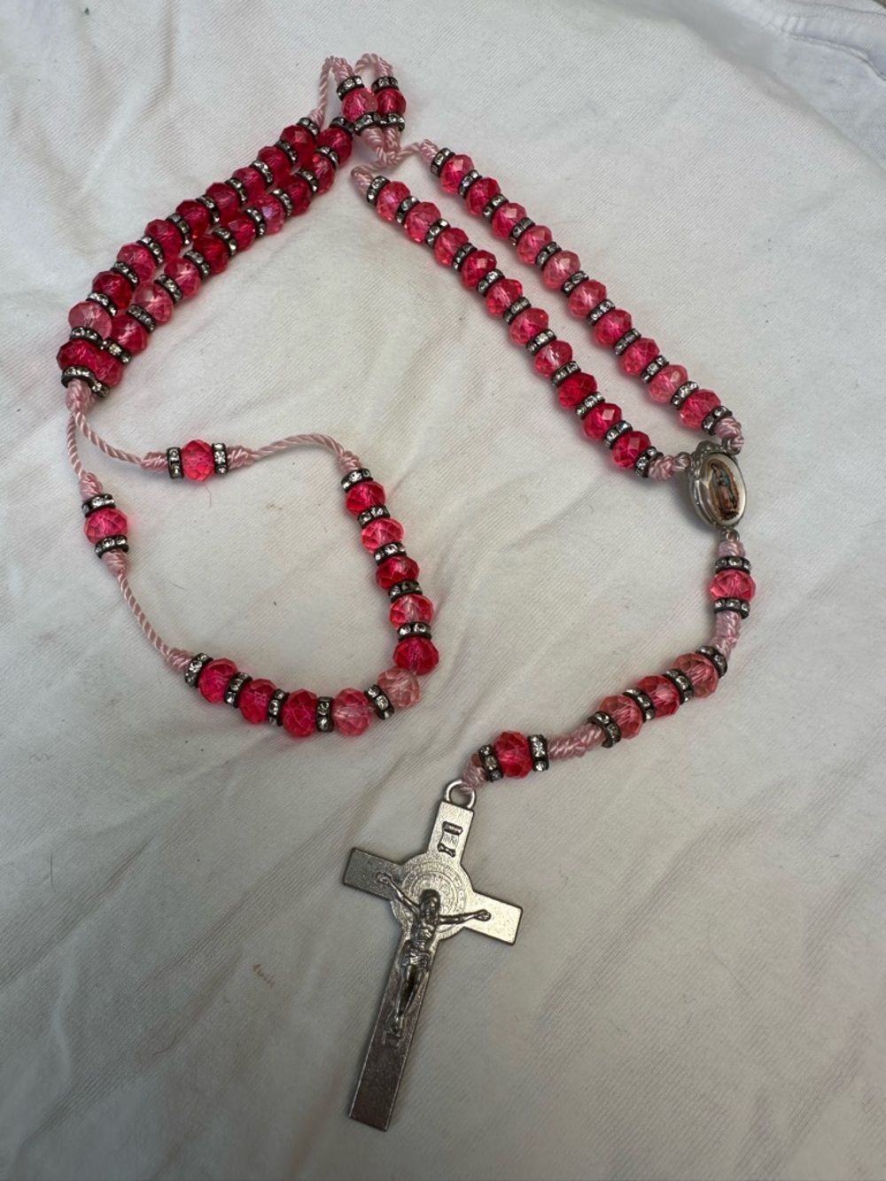 Pink Beaded Rosary Necklace with Silver Crucifix
